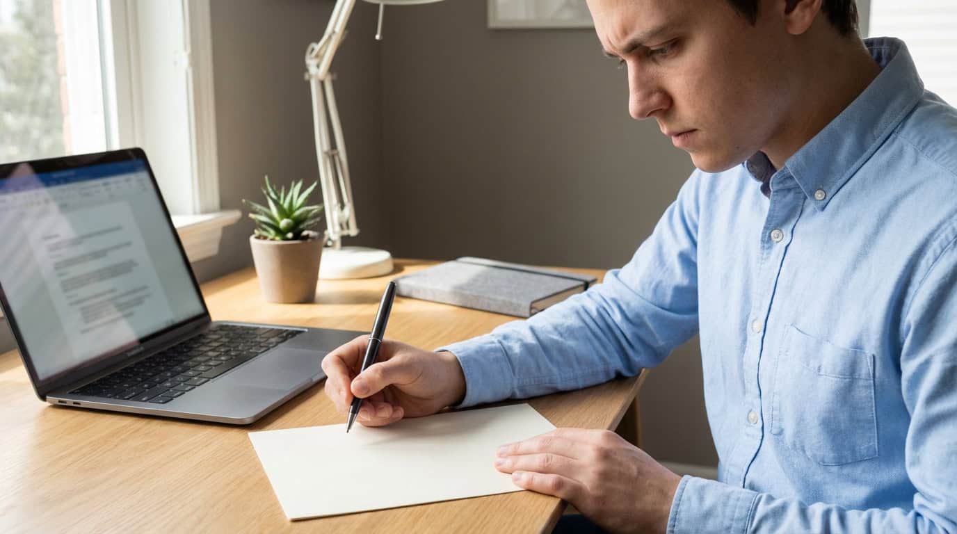 Jeune homme en chemise bleue écrit une lettre à la main sur un bureau en bois, avec un ordinateur portable ouvert et une plante.