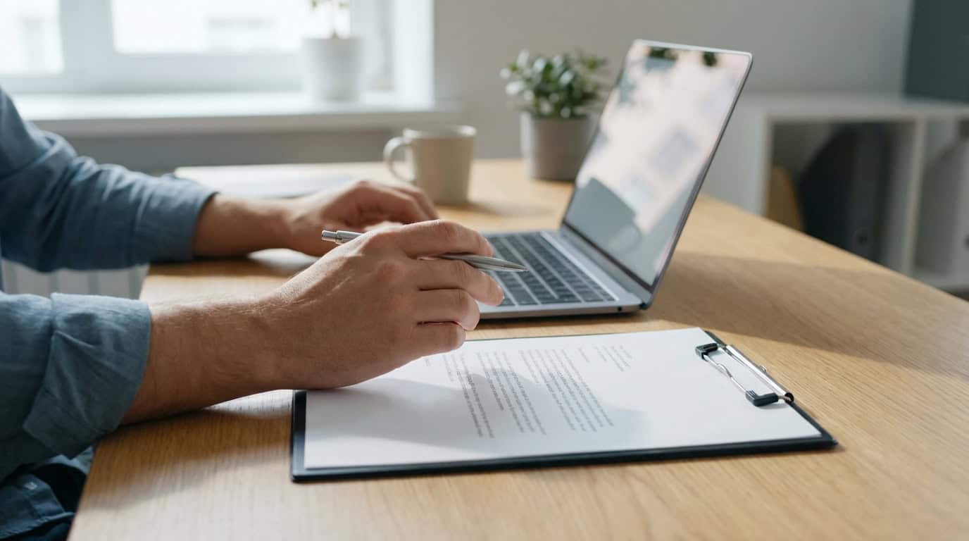 Gros plan sur des mains tapant sur un clavier d'ordinateur et tenant un stylo au-dessus d'une lettre sur un presse-papiers.