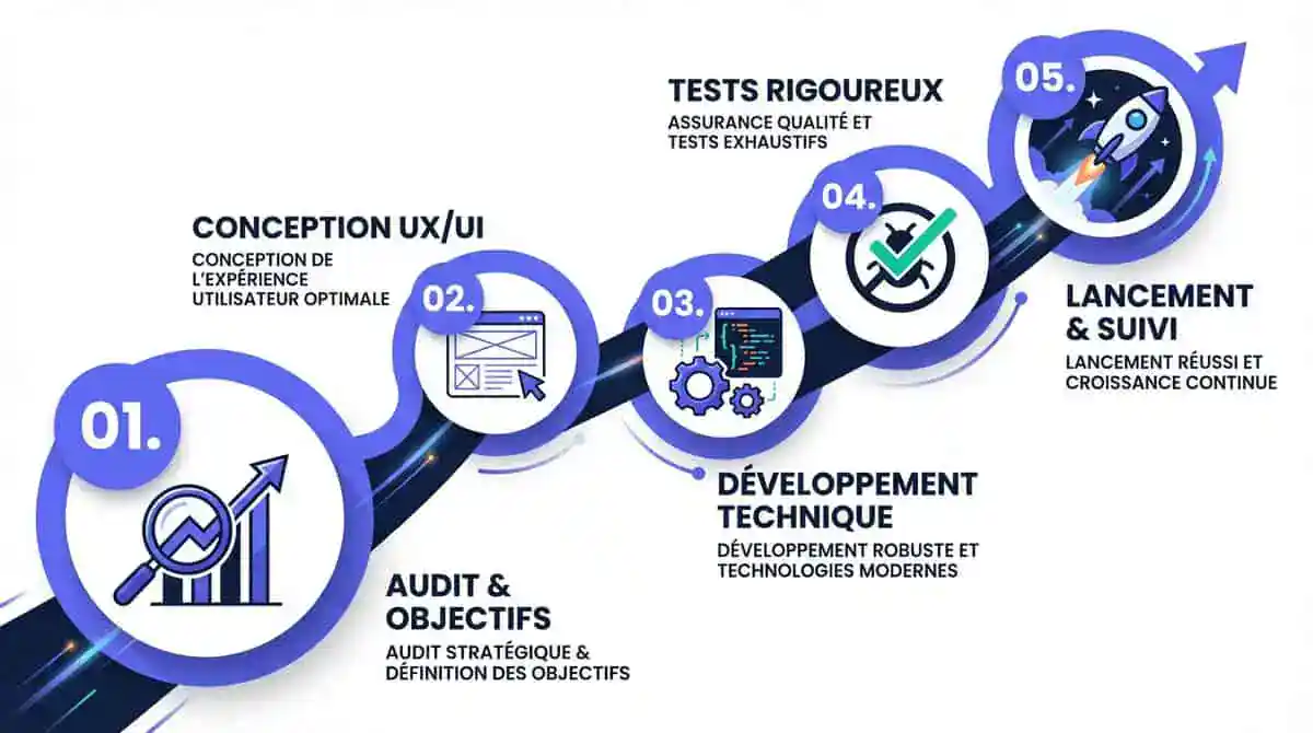 Infographie du processus de création de site internet en cinq étapes clés