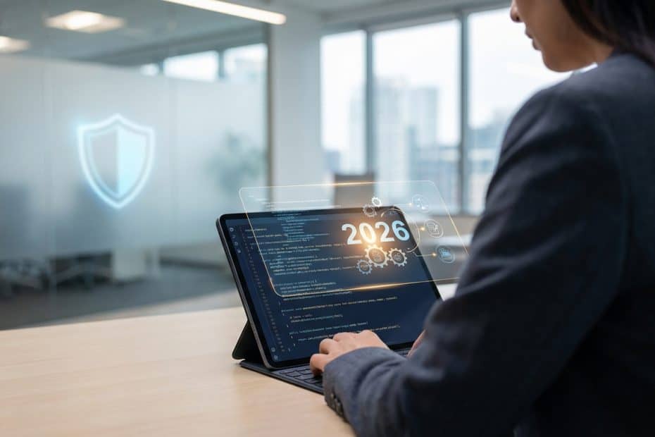 Professionnelle travaillant sur tablette avec affichage "2026", icônes légales et bouclier, illustrant la réforme.