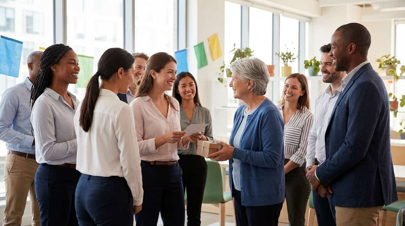 Groupe de collègues souriants remettant un cadeau et une carte à une femme âgée lors d'un départ à la retraite.