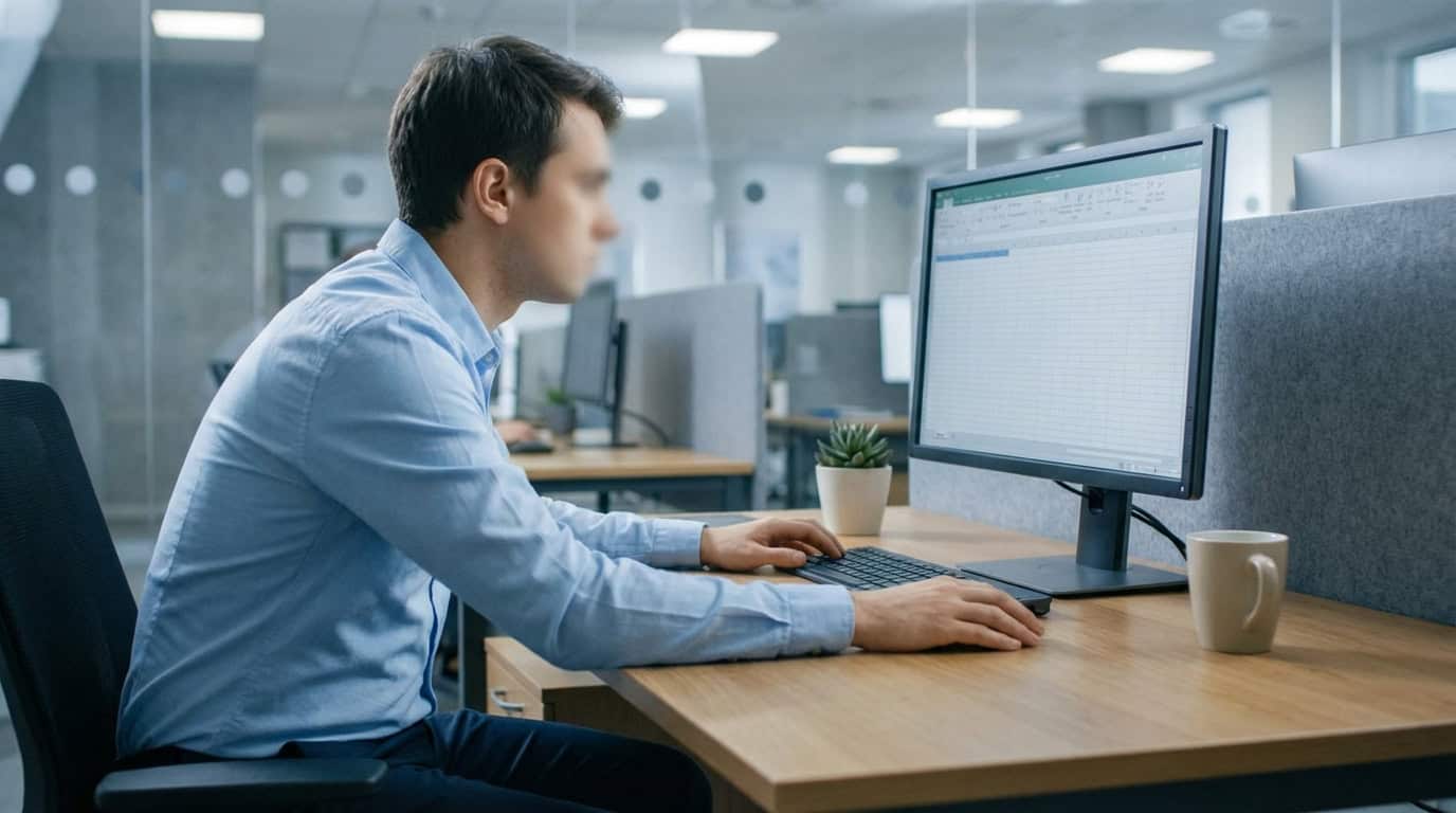 Vue latérale d'un employé en chemise bleue, le visage flouté, travaillant sur un ordinateur avec Excel dans un bureau moderne.