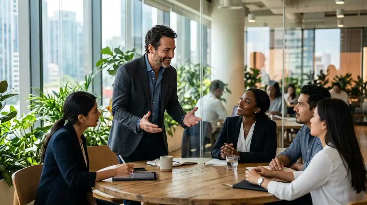 Leader inspirant pratiquant le leadership d'influence en management transversal avec ses collaborateurs.