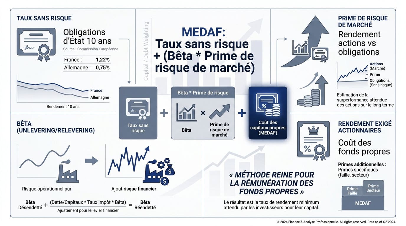 Infographie détaillant les étapes du calcul du coût des capitaux propres via le modèle MEDAF