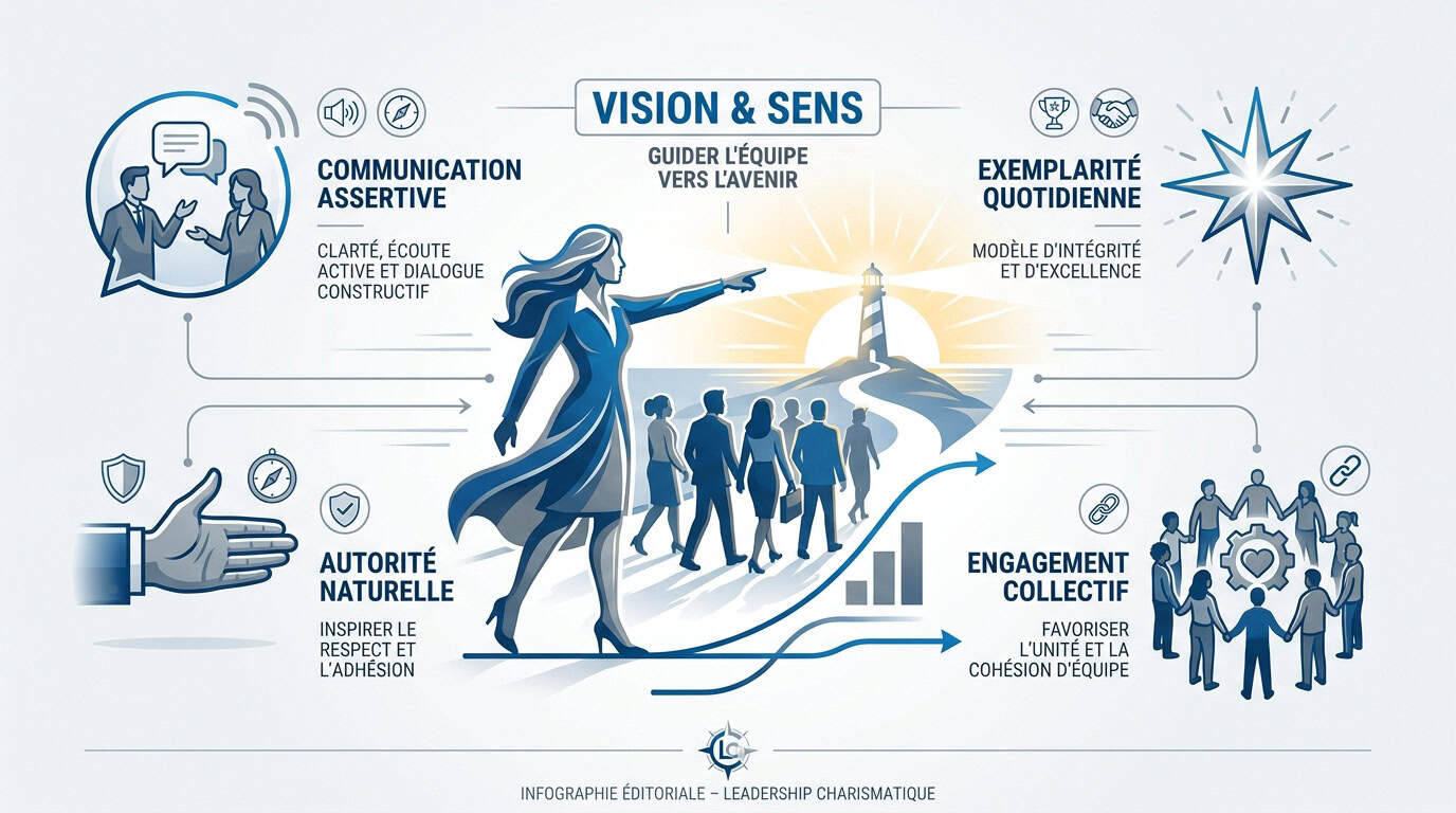 Infographie illustrant le leadership charismatique et la transmission d'une vision en entreprise