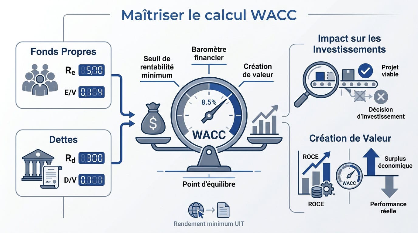 Infographie expliquant les composantes et l'impact du calcul du WACC en finance d'entreprise
