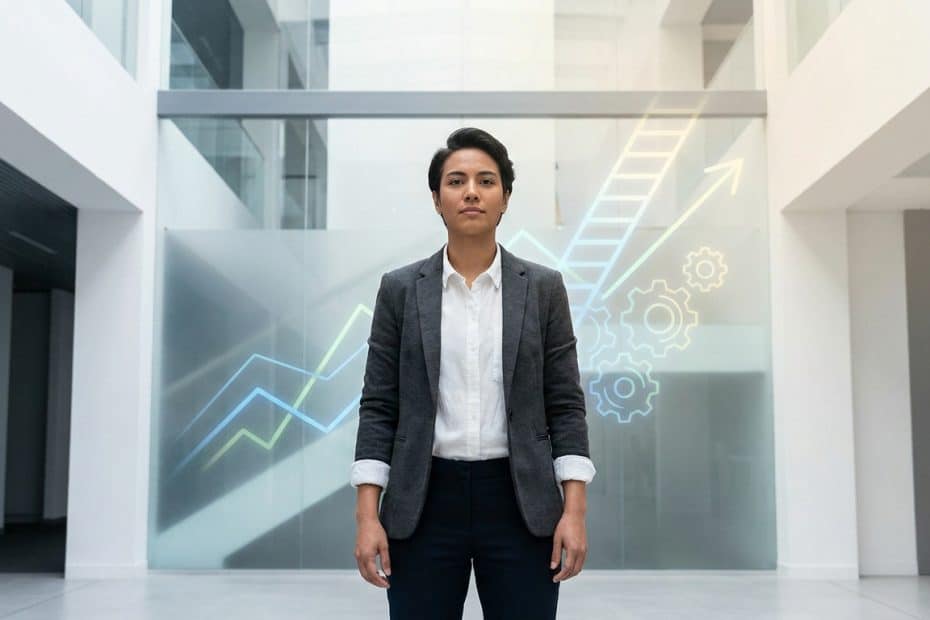 Une femme en blazer debout dans un hall d'entreprise moderne avec des graphiques de croissance en arrière-plan.