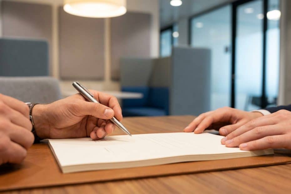 Gros plan sur deux personnes signant un contrat professionnel à un bureau dans un environnement de bureau moderne.