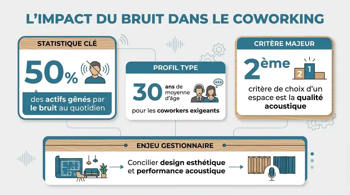 Infographie sur l'impact du bruit et l'importance de l'acoustique dans les espaces de coworking.