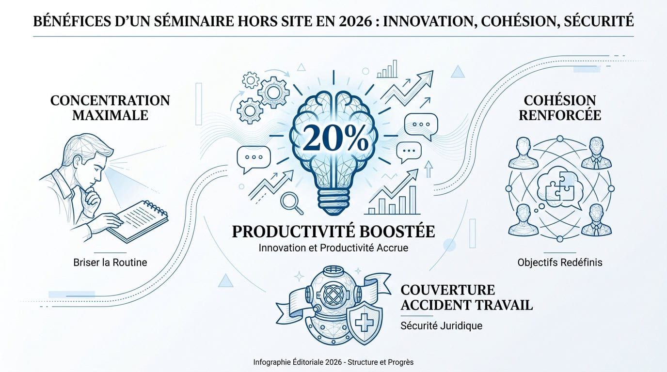 Infographie détaillant les bénéfices stratégiques d'un séminaire hors site pour la performance des équipes en 2026
