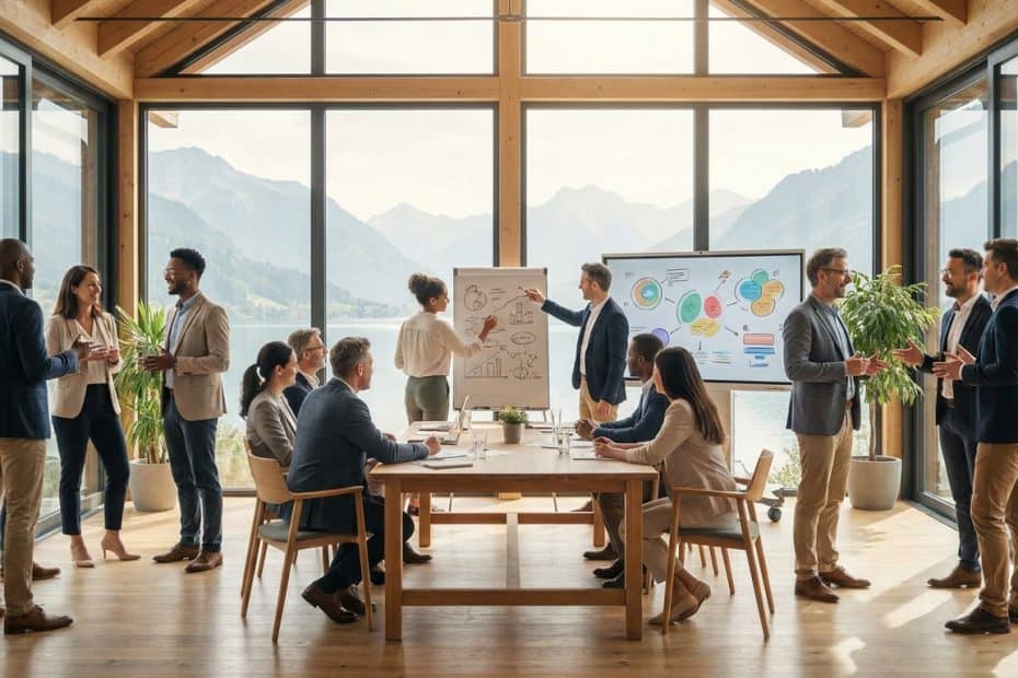 Une équipe professionnelle en réunion dans une salle lumineuse avec vue sur les montagnes et un lac.