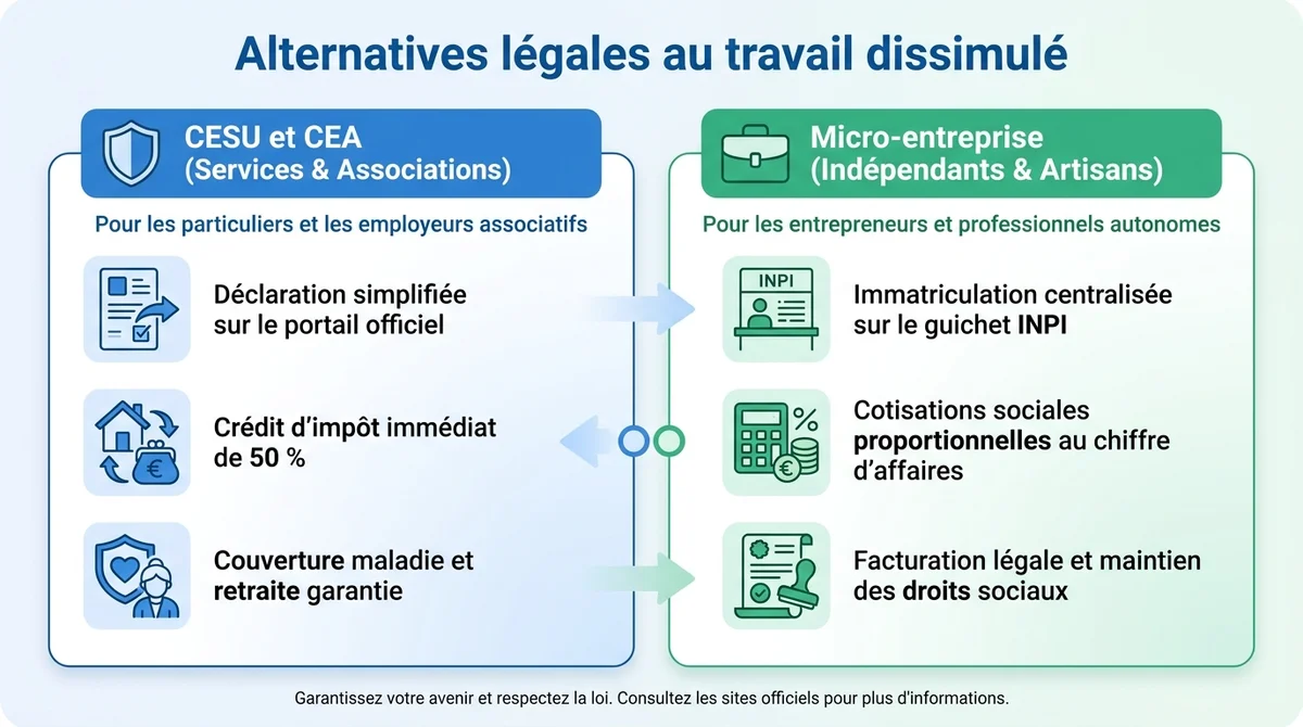 Infographie des alternatives légales au travail dissimulé : CESU, CEA et statut micro-entrepreneur.
