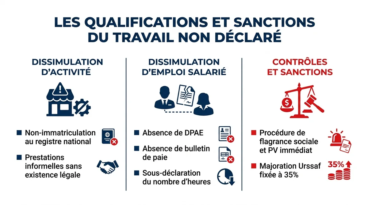 Infographie résumant les infractions de dissimulation d'activité, d'emploi salarié et les sanctions Urssaf.