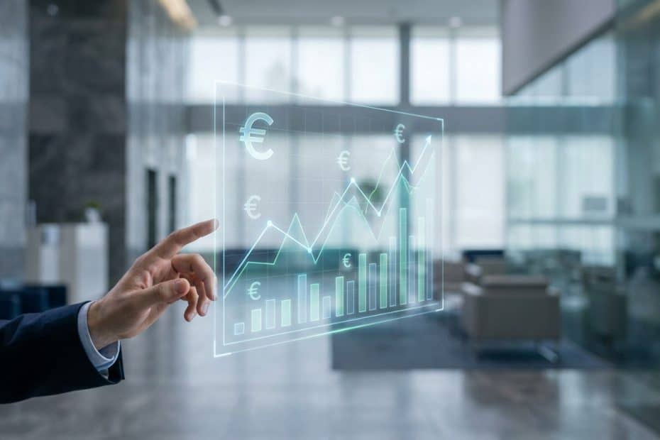 Une main interagissant avec un écran holographique affichant des courbes de croissance financière en euros.