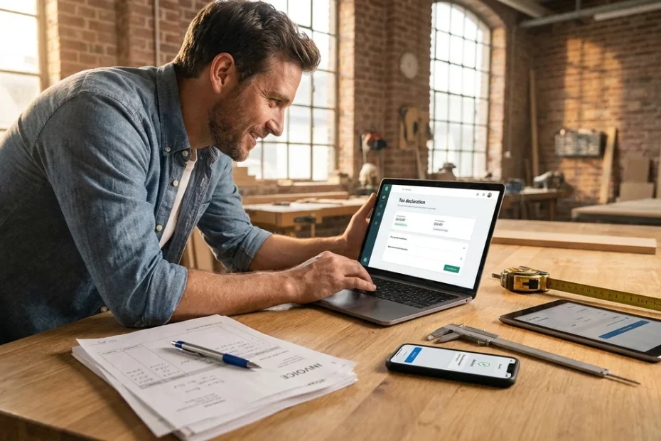 Atelier artisanal moderne avec outils professionnels et smartphone, illustrant la légalité du travail et des revenus.