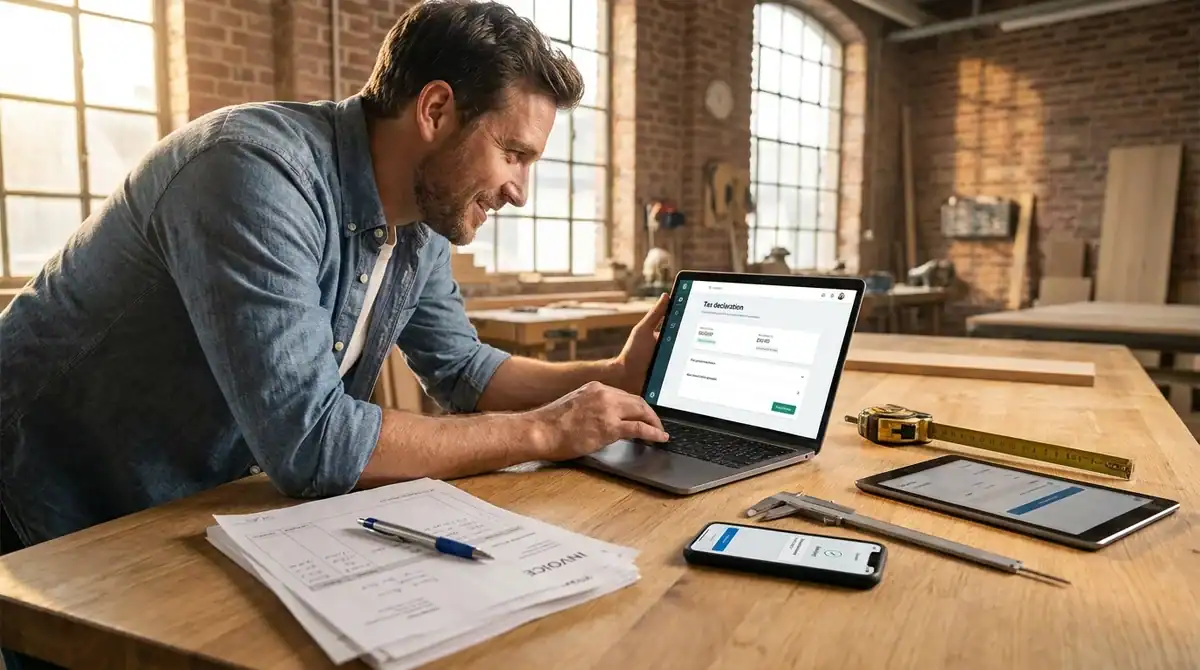 Atelier artisanal moderne avec outils professionnels et smartphone, illustrant la légalité du travail et des revenus.