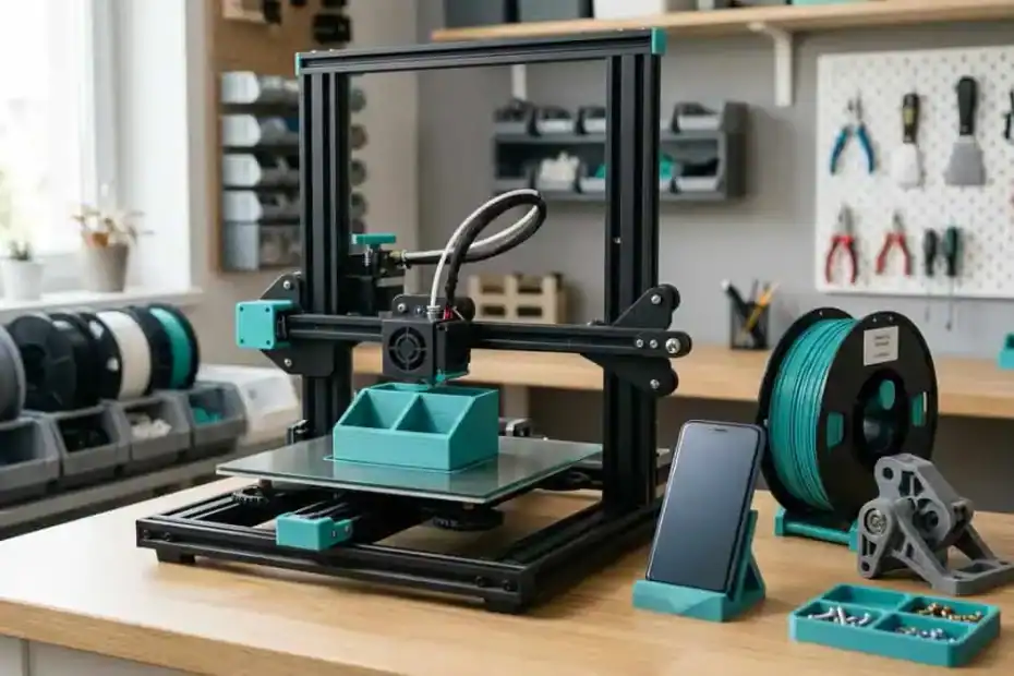 Imprimante 3D à filament dans un atelier, avec une bobine et plusieurs objets imprimés.