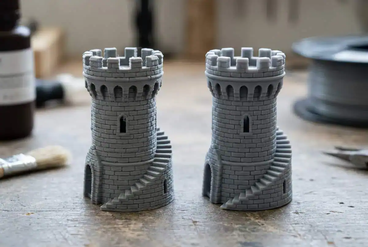 Deux tours miniatures : impression FDM à gauche, avec des couches visibles, et résine à droite, aux détails plus fins.