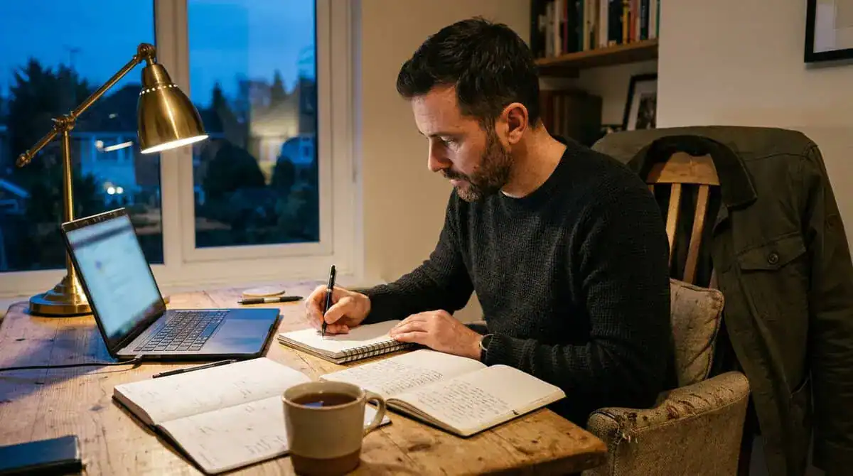 Homme en reconversion révisant le CRPE le soir à son bureau, avec ses cahiers et son planning
