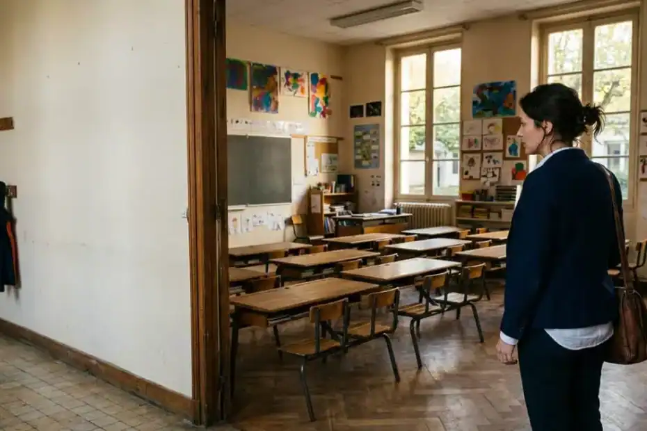 Femme en reconversion à l'entrée d'une salle de classe vide d'école primaire, le matin