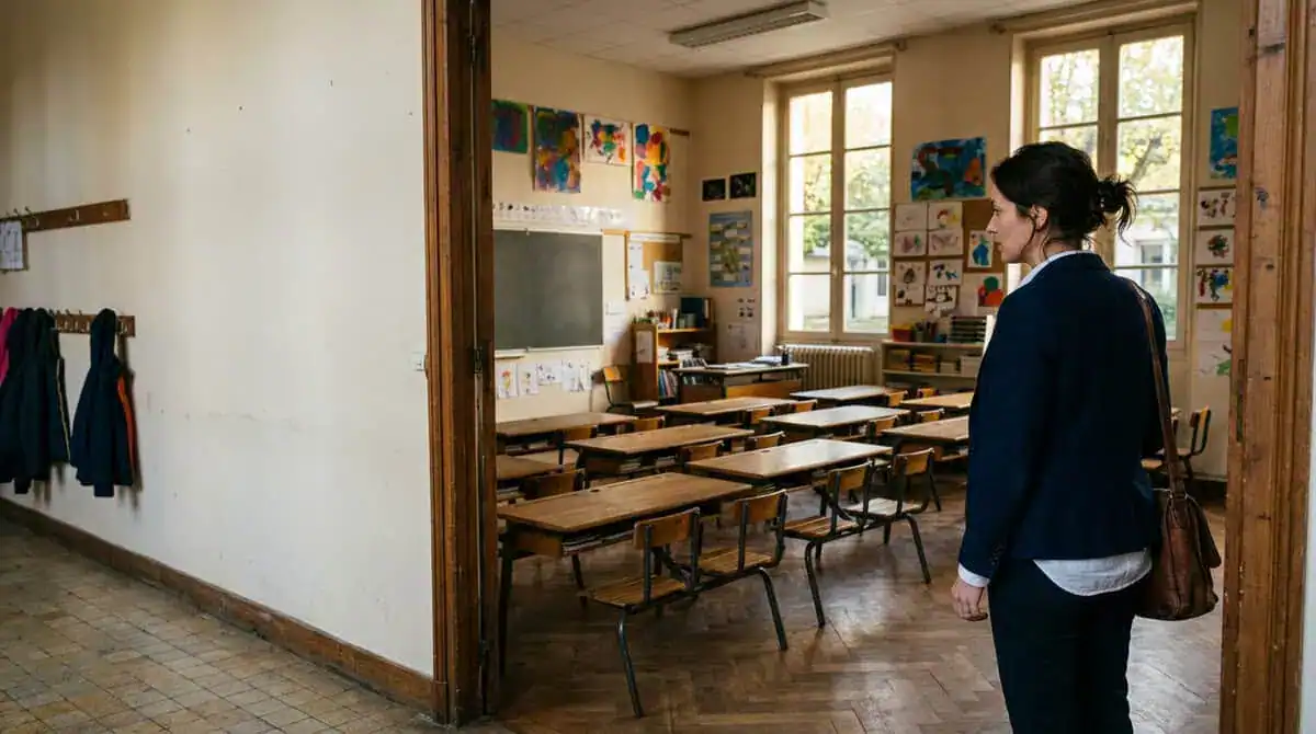 Femme en reconversion à l'entrée d'une salle de classe vide d'école primaire, le matin